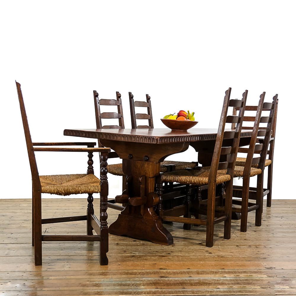 Vintage Oak Refectory Table and set of Six Rush Seated Dining Chairs
