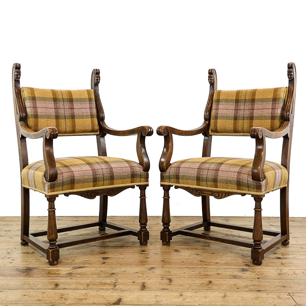 Pair of Carved Armchairs with Tartan Upholstery