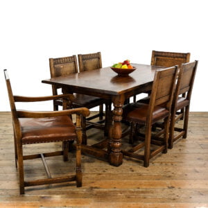 M-5393A Early 20th Century Oak Refectory Table with Six Leather Chairs Penderyn Antiques 1