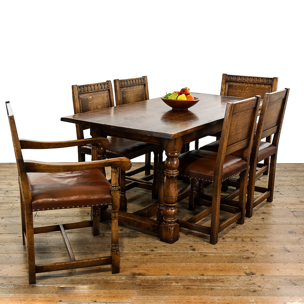 Early 20th Century Oak Refectory Table with Six Leather Chairs